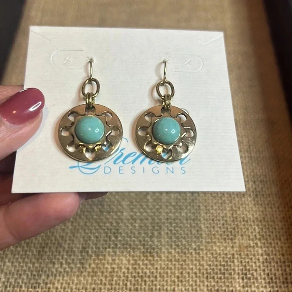 Premier Designs Gold Tone And Turquoise circle earrings - Picture 2 of 3